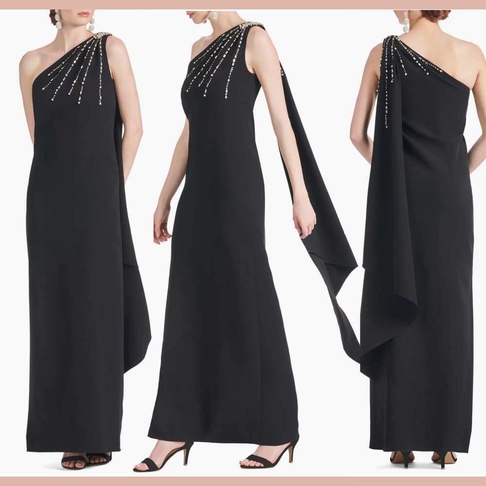 NWT SACHIN &‎ BABI [ 14 ] Leslie Beaded Drape One-Shoulder Crepe Gown Black